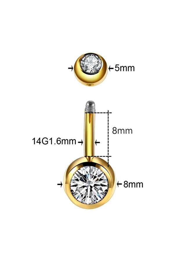 %100 G23 Titanyum Çift Taşlı Göbek Piercing - Bar Uzunluğu 8mm - 1 Adet - 2