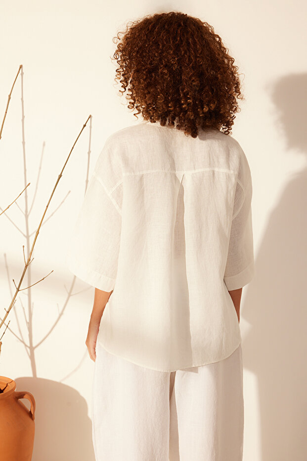 Ekru %100 Keten Oversize Gömlek TWOSS24GO00122 - 6