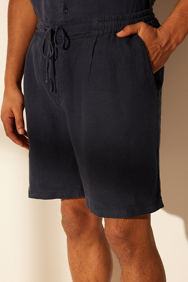 Premium Lacivert %100 Keten Regular Fit Beli Lastikli Şort TMNSS24SR00050 - 1