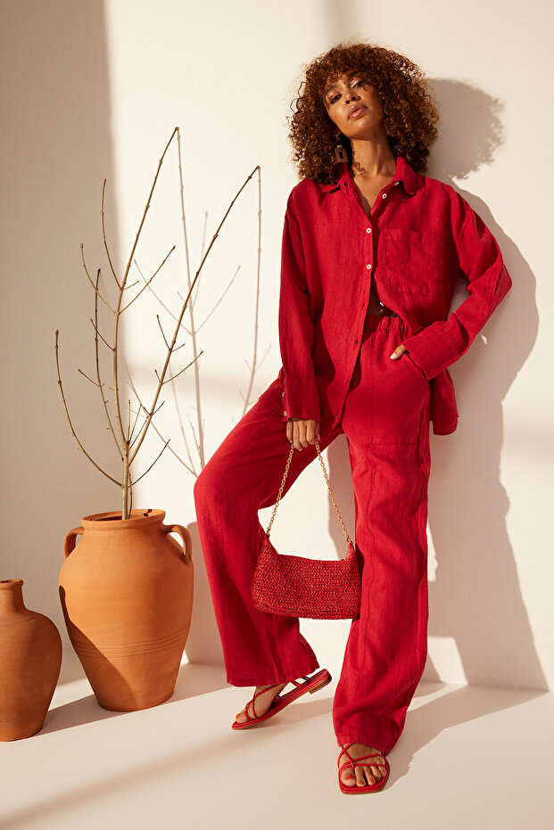 Kırmızı %100 Keten Oversize Gömlek TWOSS23GO00443 - 1