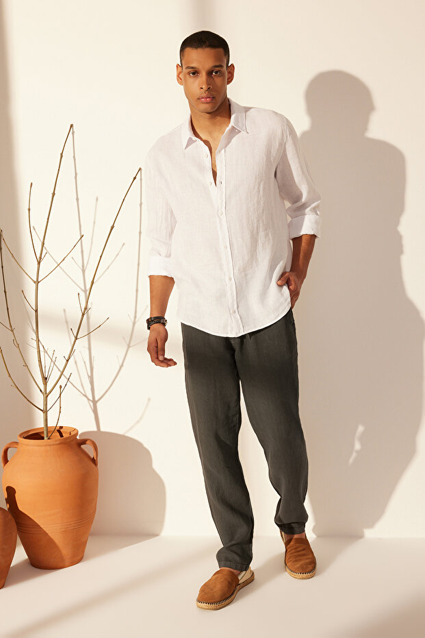 Premium Beyaz %100 Keten Regular Fit Gömlek TMNSS24GO00058 - 1