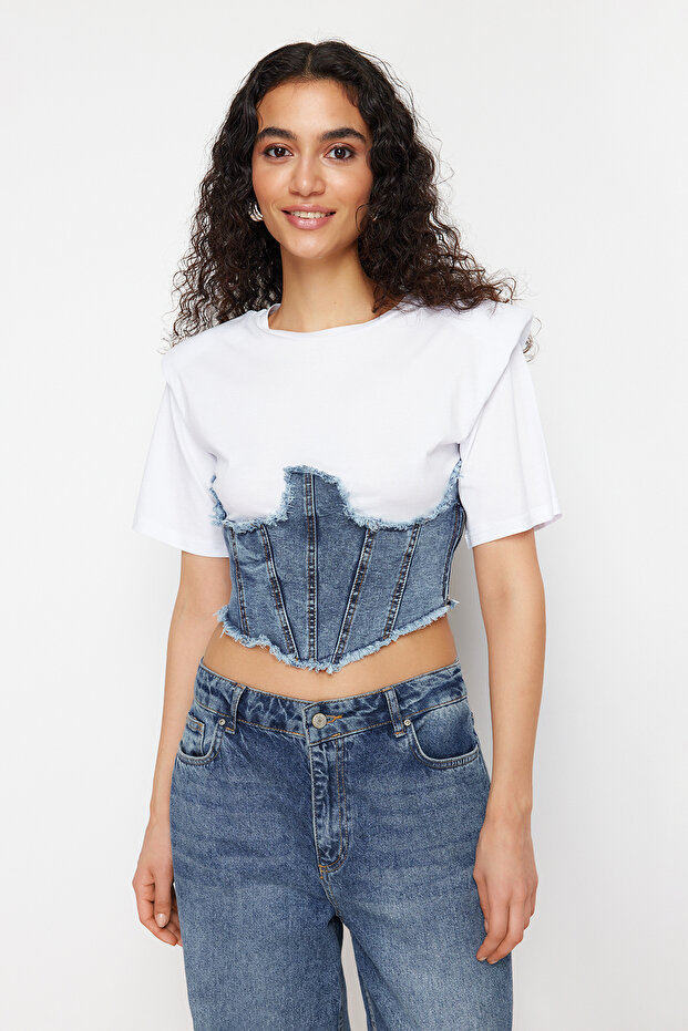 Beyaz Denim Detaylı Crop Vatkalı Örme Bluz TWOSS24BZ00578 - 1