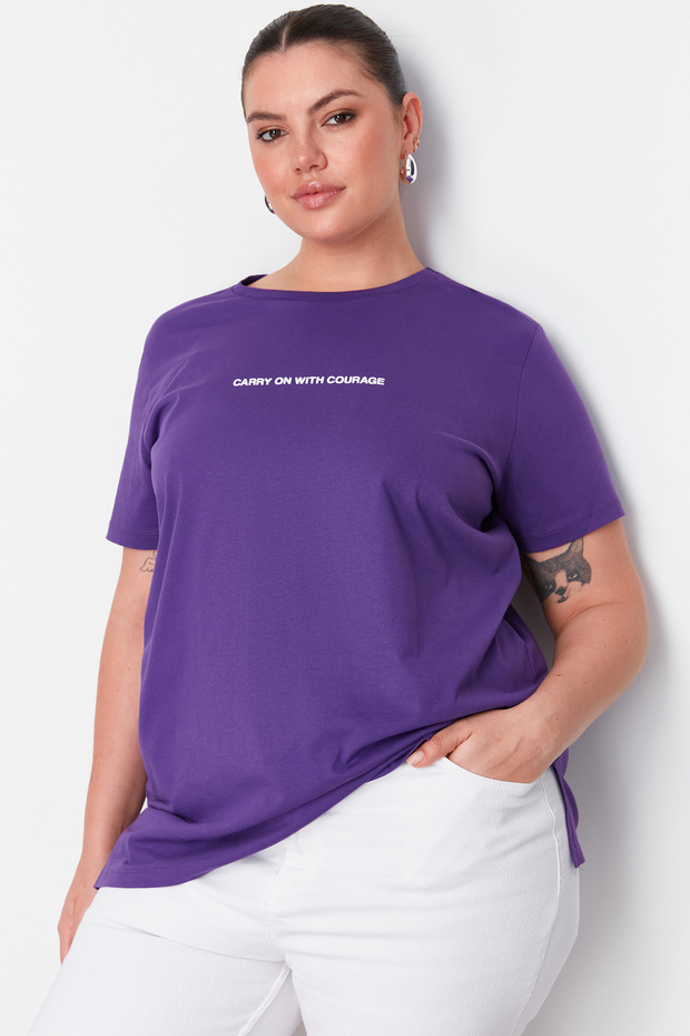 Mor Relaxed Fit Slogan Baskılı Bisiklet Yaka %100 Pamuk Örme Büyük Beden T-Shirt TBBSS23BF00022 - 3