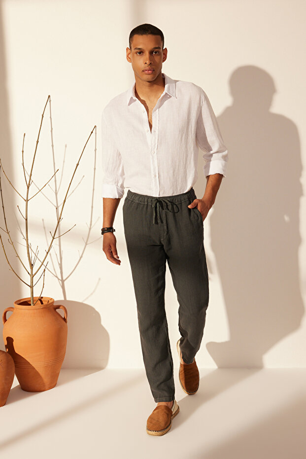 Premium Gri %100 Keten Straight Fit Lastikli Beli Bağlamalı Pantolon TMNSS24PL00018 - 2