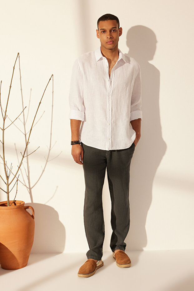 Premium Gri %100 Keten Straight Fit Lastikli Beli Bağlamalı Pantolon TMNSS24PL00018 - 4