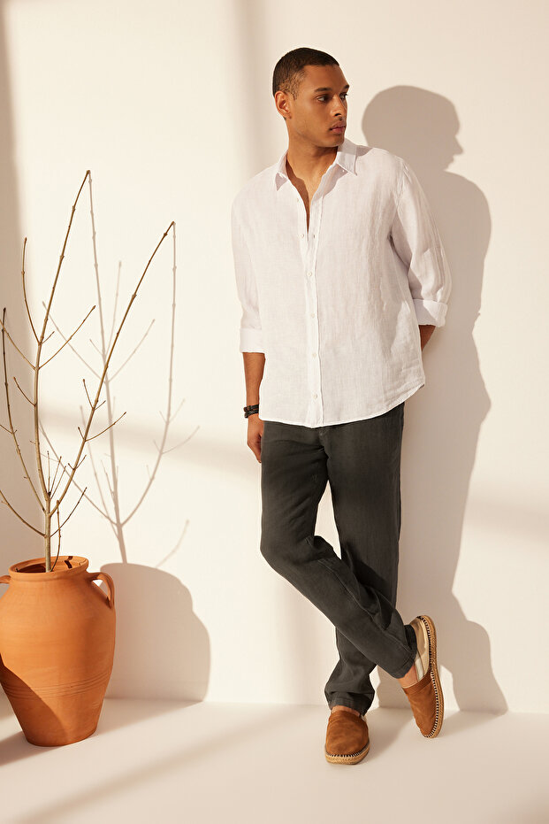 Premium Gri %100 Keten Straight Fit Lastikli Beli Bağlamalı Pantolon TMNSS24PL00018 - 3
