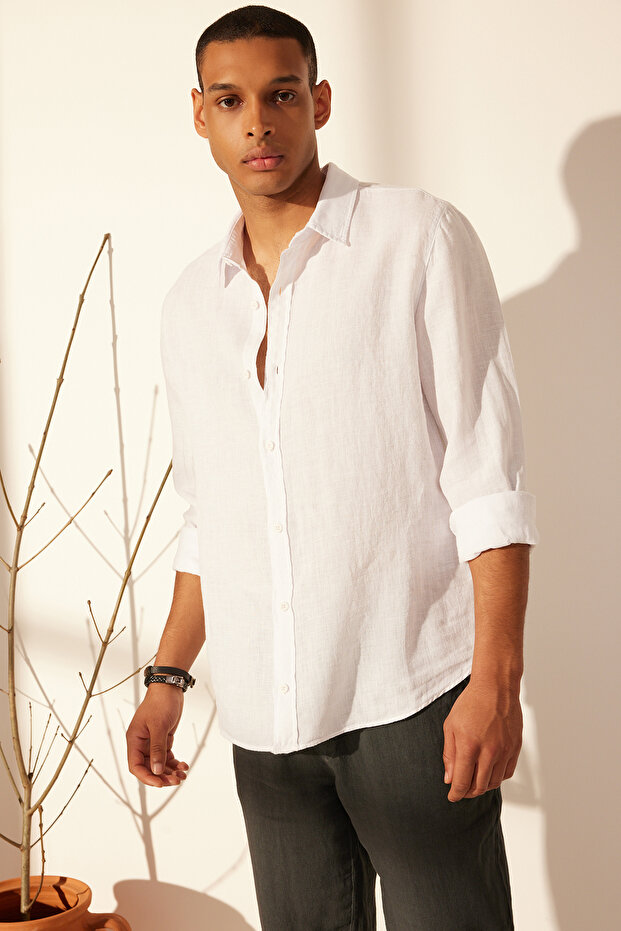 Premium Beyaz %100 Keten Regular Fit Gömlek TMNSS24GO00058 - 2