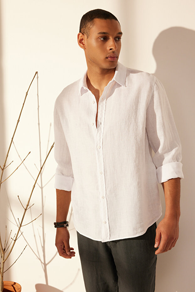 Premium Beyaz %100 Keten Regular Fit Gömlek TMNSS24GO00058 - 3