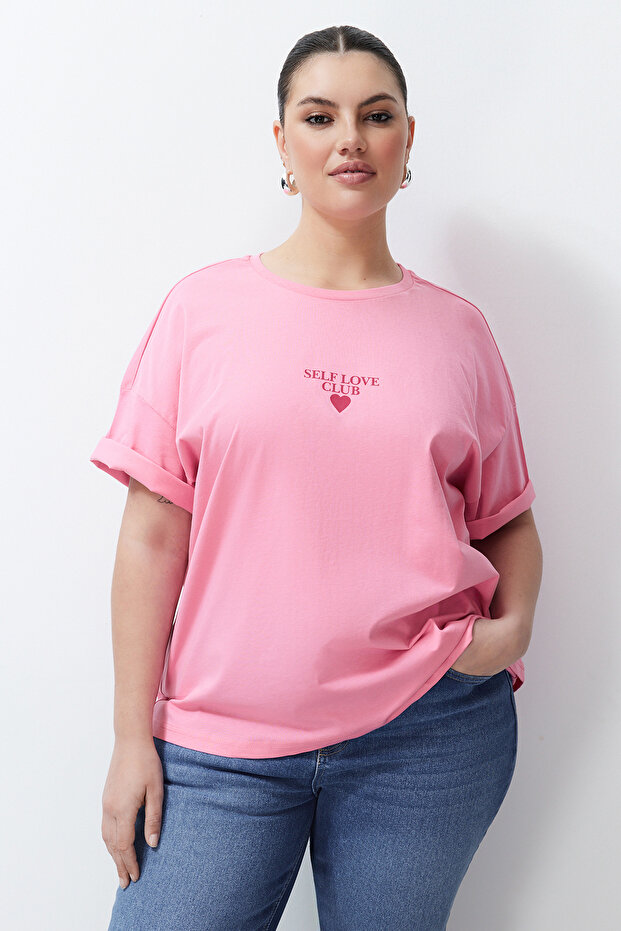 Pembe Baskılı Oversize %100 Pamuk Örme T-shirt TBBSS24BF00011 - 2