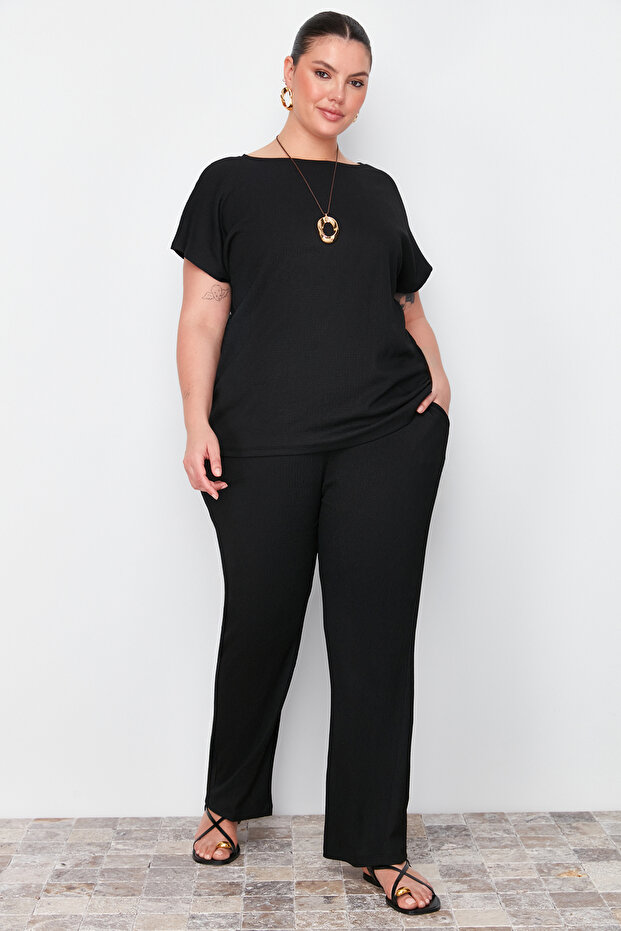 Siyah T-shirt-Pantolon Örme Mevsimlik Alt-Üst Takım TBBSS24CP00003 - 1