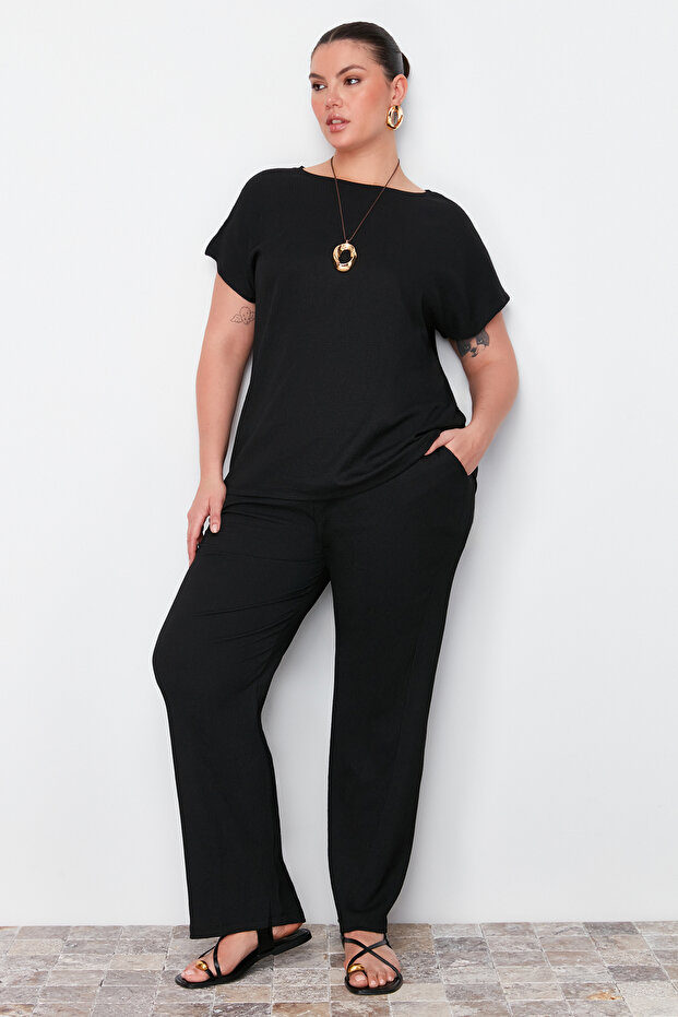 Siyah T-shirt-Pantolon Örme Mevsimlik Alt-Üst Takım TBBSS24CP00003 - 2