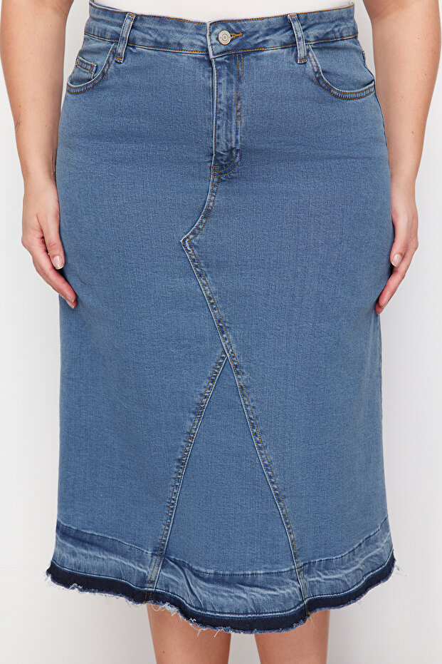Mavi Renk Bloklu Denim Etek TBBAW24AZ00025 - 4