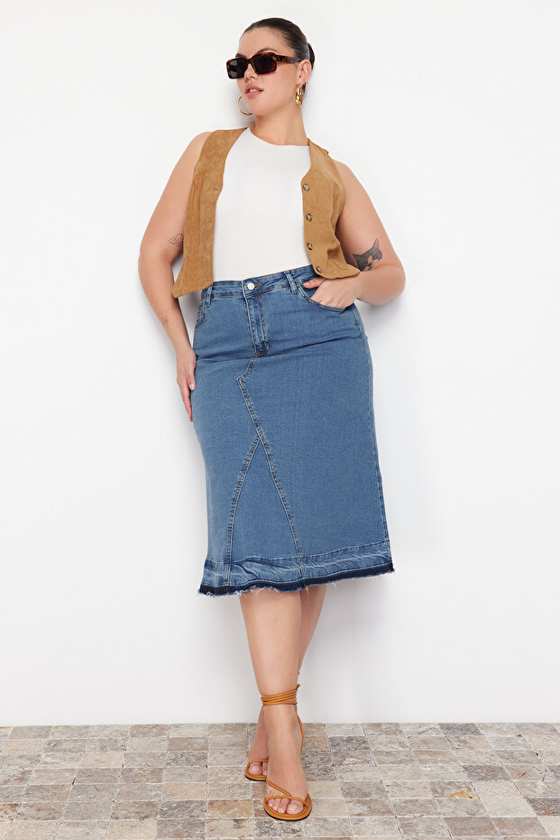 Mavi Renk Bloklu Denim Etek TBBAW24AZ00025 - 2