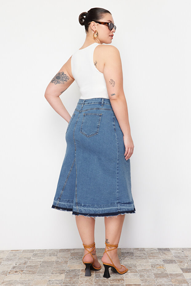Mavi Renk Bloklu Denim Etek TBBAW24AZ00025 - 6