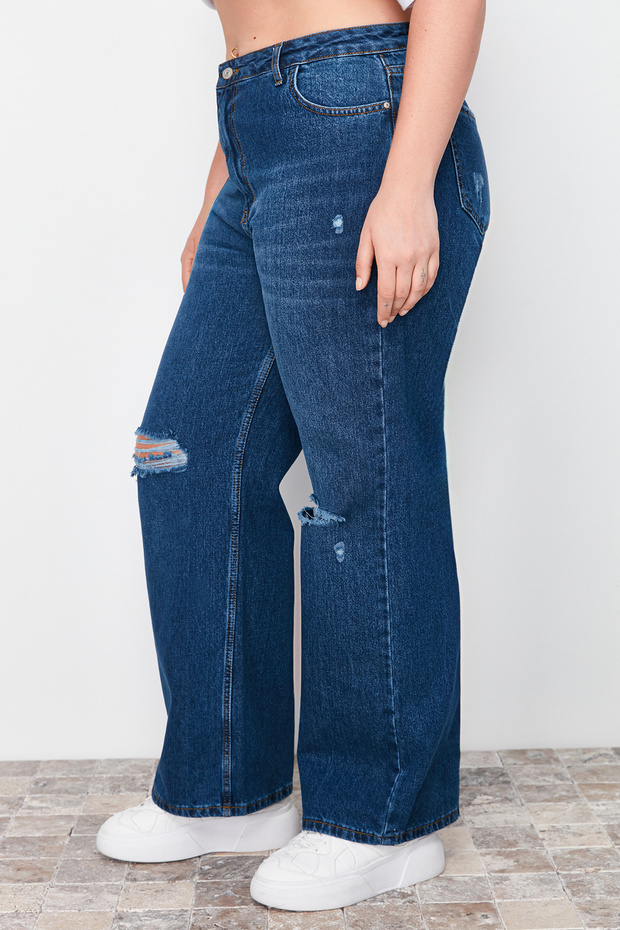 Koyu Mavi Yüksek Bel Destroylu Geniş Paça/Wide Leg %100 Pamuk Büyük Beden Jeans TBBSS22JE00006 - 2