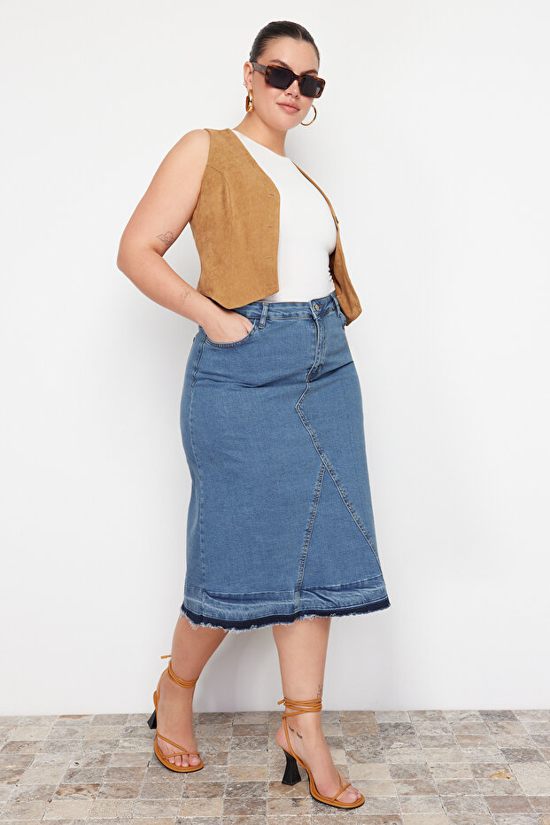 Mavi Renk Bloklu Denim Etek TBBAW24AZ00025 - 3