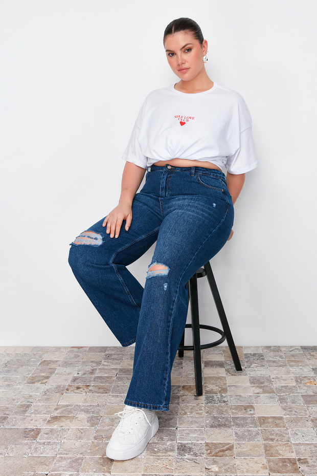 Koyu Mavi Yüksek Bel Destroylu Geniş Paça/Wide Leg %100 Pamuk Büyük Beden Jeans TBBSS22JE00006 - 1