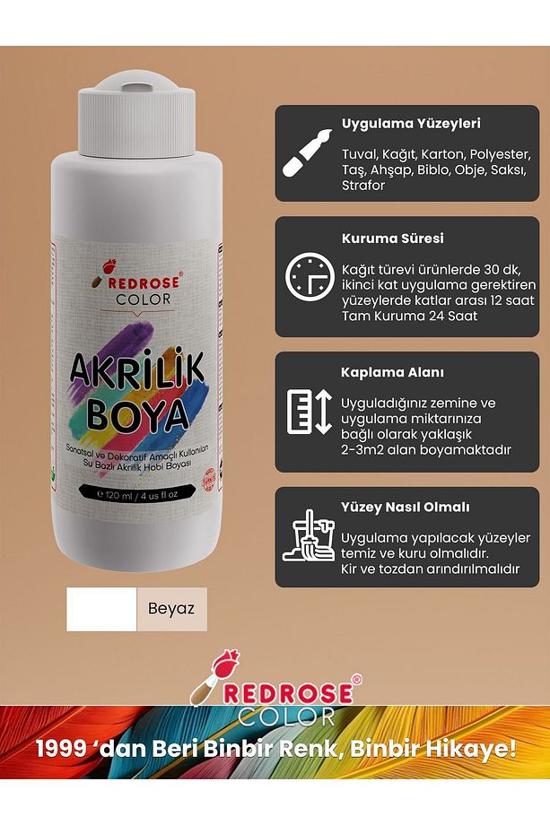 Tüm Renkler Akrilik Boya Seti, 12'lı Set 12x120ml Dekoratif Hobi Amaçlı Sanatsal Canlı Renkler - 3