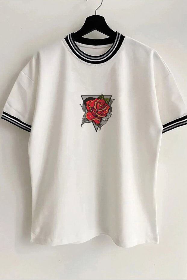 Floral Printed Unisex New Season Oversize Fit Collar Detailed Summer White T-shirt