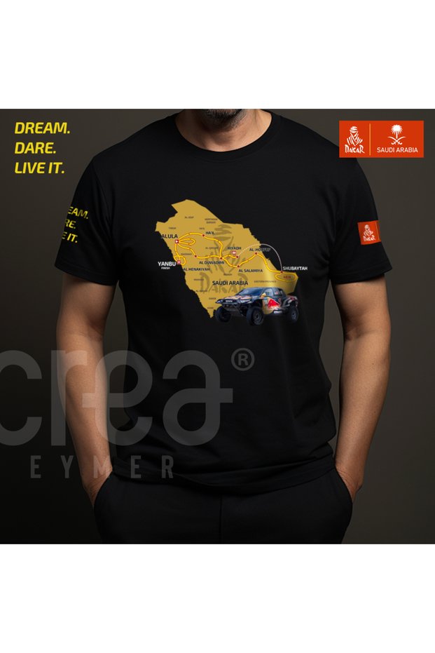 Saudi Arabia Dakar Design Printed Crew Neck 100% Cotton T-Shirt Black