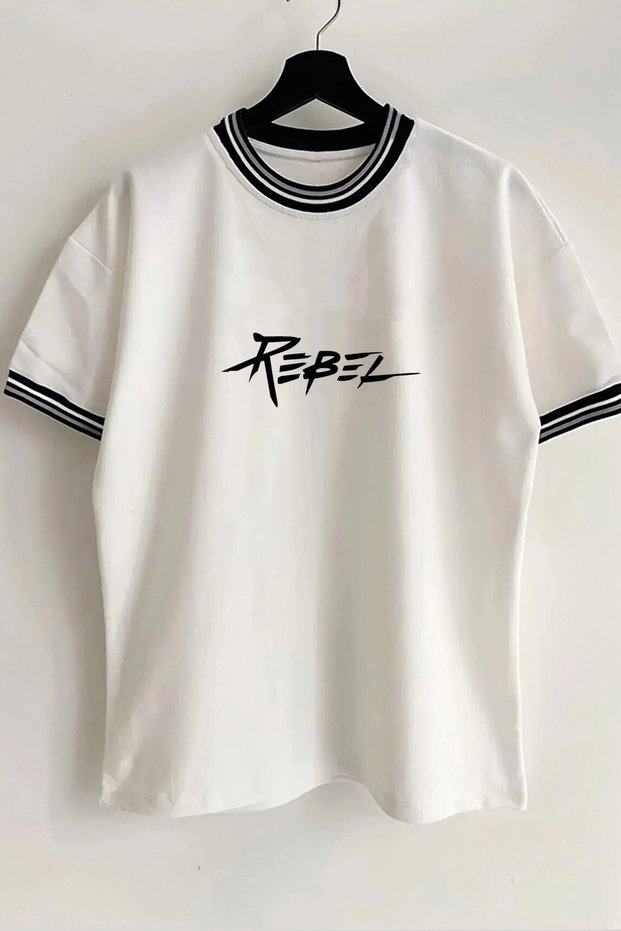 Rebel Text Printed Unisex New Season Oversize Mold Collar Detailed Summer White T-shirt