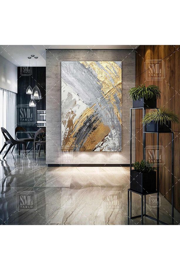 Soyut Modern Altın Mermer Abstract Gold Lüks Dekor Dikey Kanvas Tablo - 1