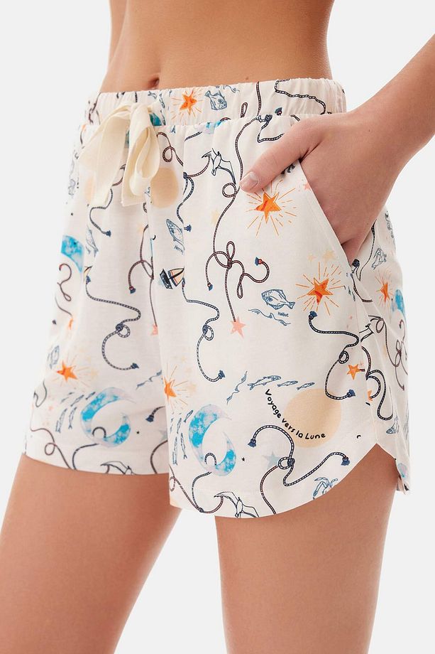 Ekru Gömlek Yaka Baskılı Şort Pijama Takımı - 5