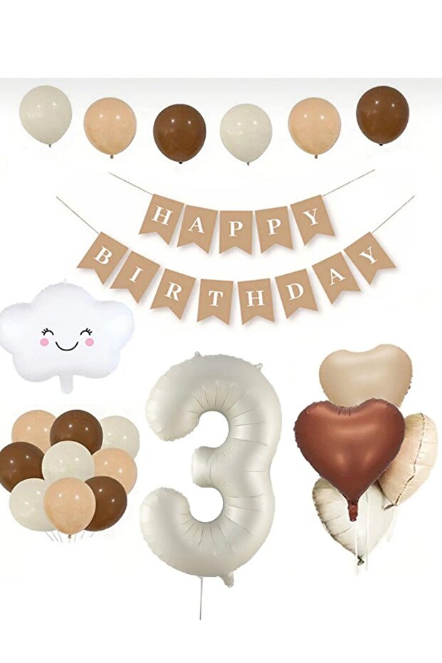 Retro 3 Years Happy Birthday Coffee Tones Party Set 9 Pieces