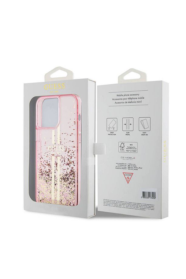 iPhone 15 Pro Max Uyumlu Kılıf Guess Lisanslı Transparan Sıvılı Simli Altın Çizgili Kapak Pembe - 5