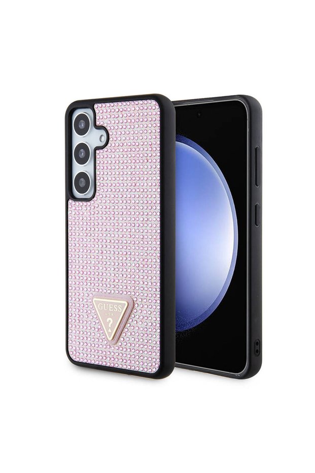 Galaxy S24 Compatible Case Guess Licensed Rhinestone Back Surface Triangle Logo Cover Pink