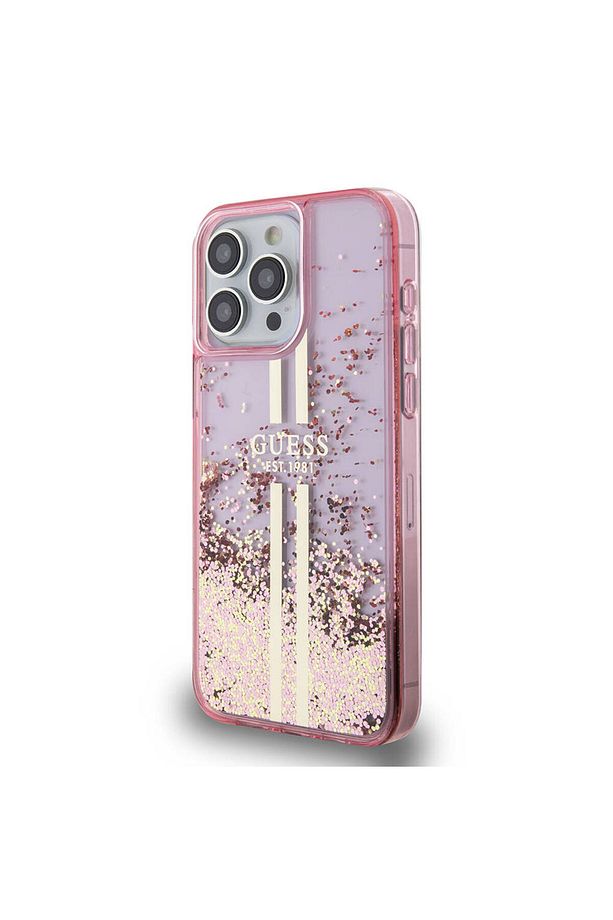 iPhone 15 Pro Max Uyumlu Kılıf Guess Lisanslı Transparan Sıvılı Simli Altın Çizgili Kapak Pembe - 2