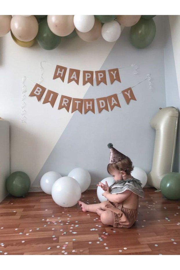 1 YEAR OLD BIRTHDAY SET EUCALIPTUS GREEN SEA SAND WHITE LATEX BALLOON FIGURE FOIL BALLON BANNER