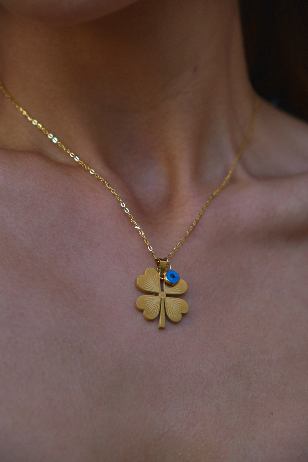 Steel Clover Necklace with Evil Eye Beads Four Leaf Clover Gift for Friend 45cm