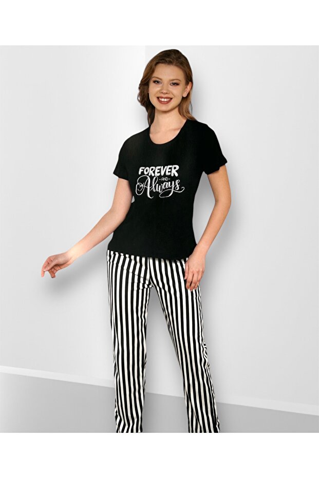 Short Sleeve Striped Summer Women's Pajamas Set