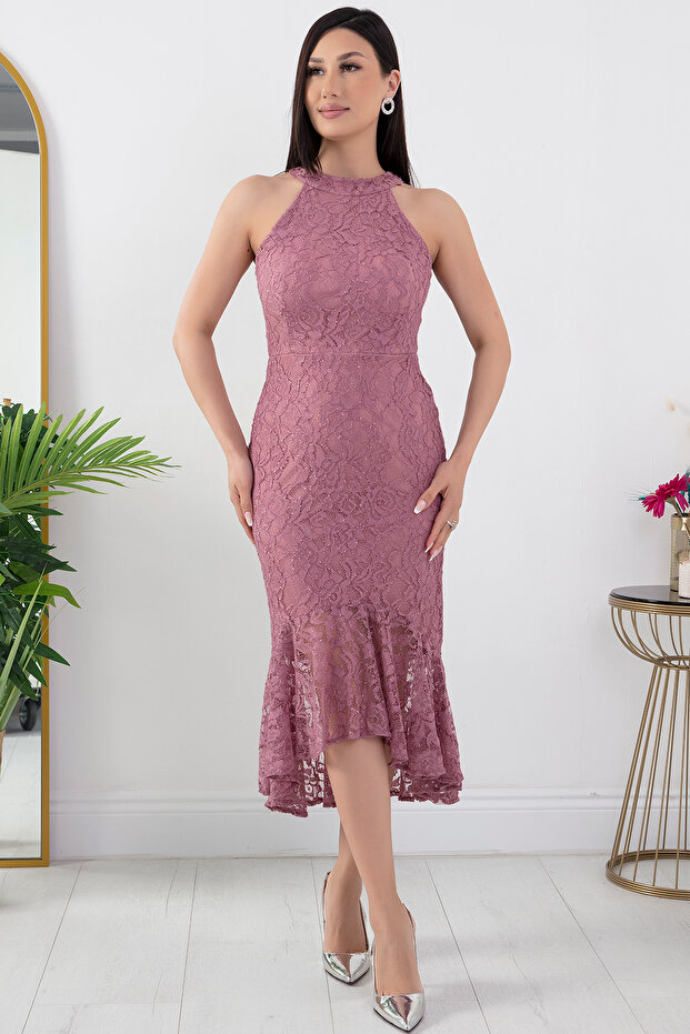 C Yaka Simli Dantel Kısa Abiye Elbise 13299 - 3