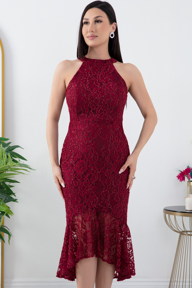 C Yaka Simli Dantel Kısa Abiye Elbise 13299 - 2