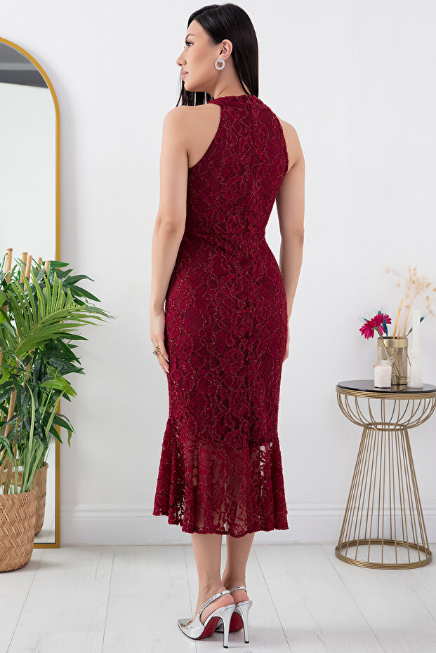 C Yaka Simli Dantel Kısa Abiye Elbise 13299 - 6