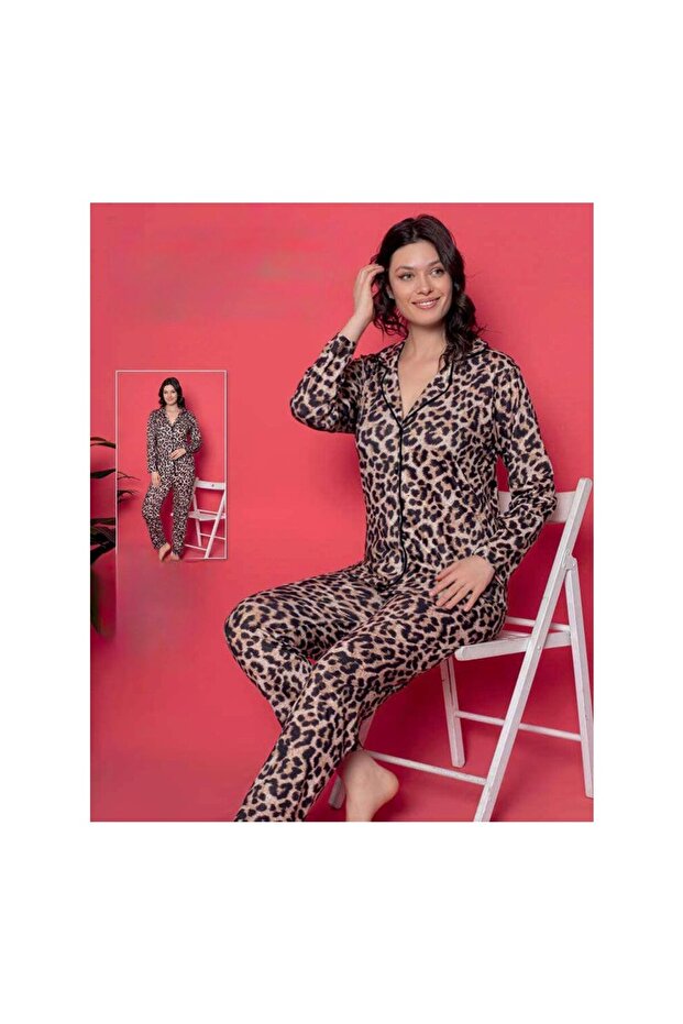 Leopard Patterned Buttoned Pajama Set - 1