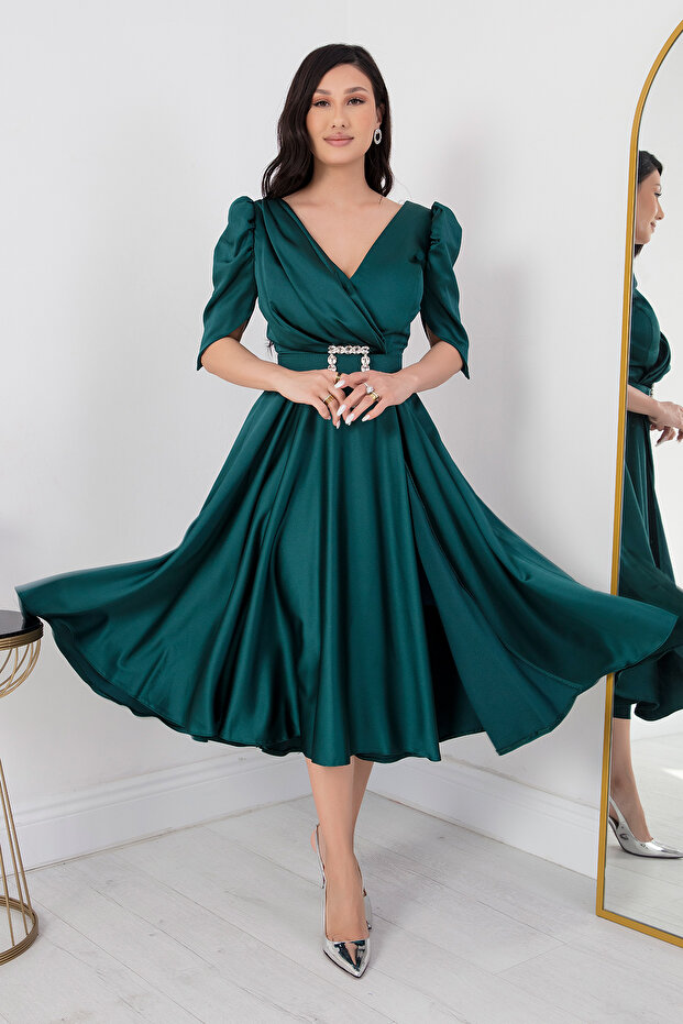 Kruvaze Yaka Kemerli Saten Elbise DNS1520 - 3