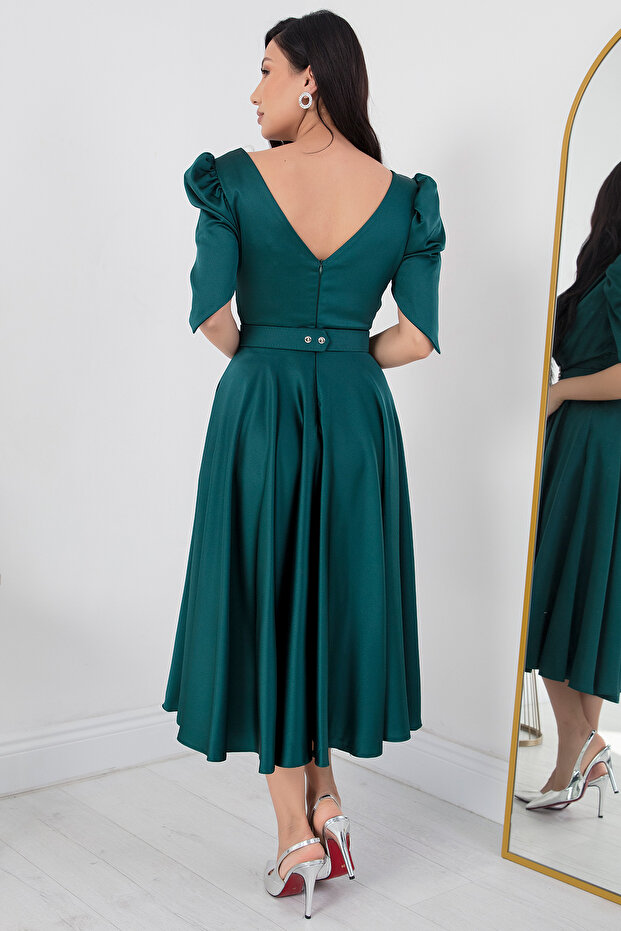 Kruvaze Yaka Kemerli Saten Elbise DNS1520 - 7