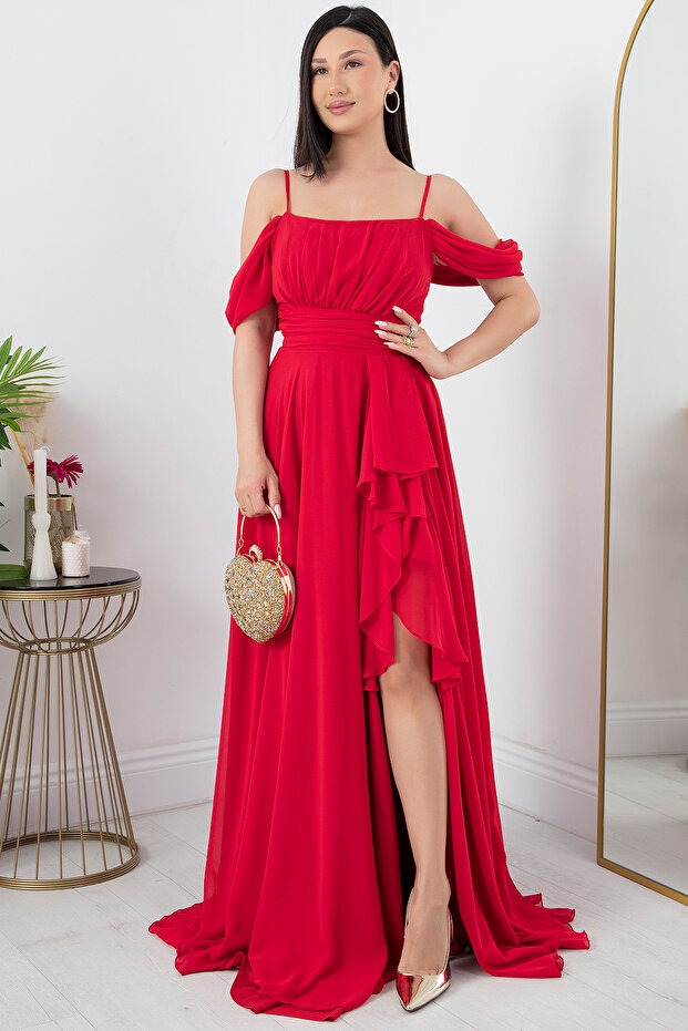 Eteği Feırfırlı Askılı Şifon Elbise 1380 - 1