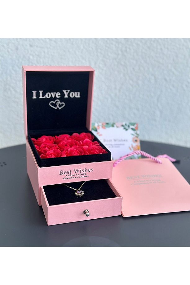 Premium Kutuda Kolye Hediyeli Gül Takı Kutusu - PEMBE - 1
