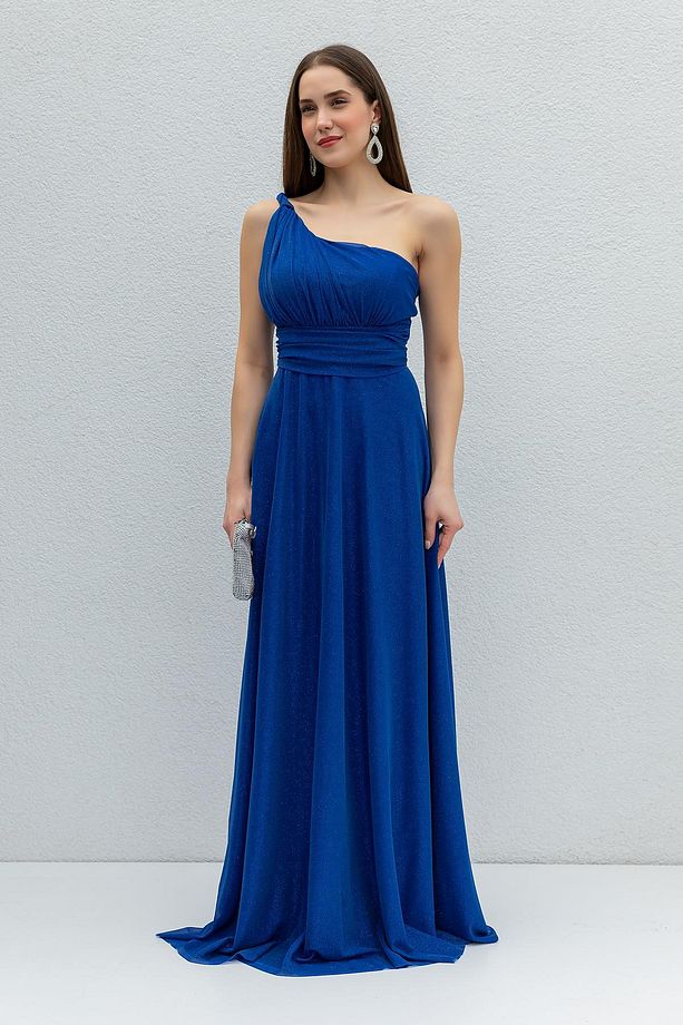 Astarlı Simli Kumaş Tek Omuz Asimetrik Yaka Maxi Boy Saks Mezuniyet Elbisesi Nişan Elbisesi 38995 - 4