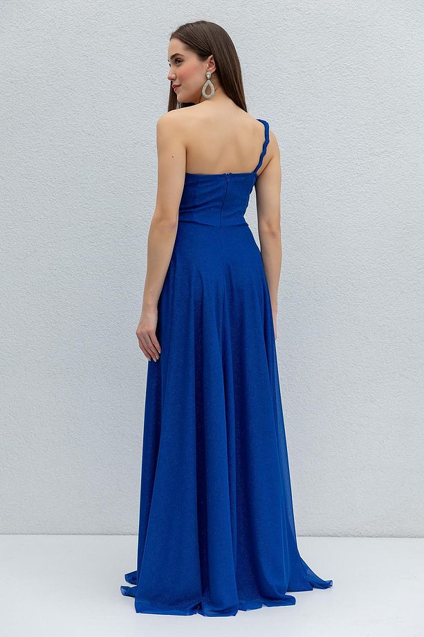 Astarlı Simli Kumaş Tek Omuz Asimetrik Yaka Maxi Boy Saks Mezuniyet Elbisesi Nişan Elbisesi 38995 - 3