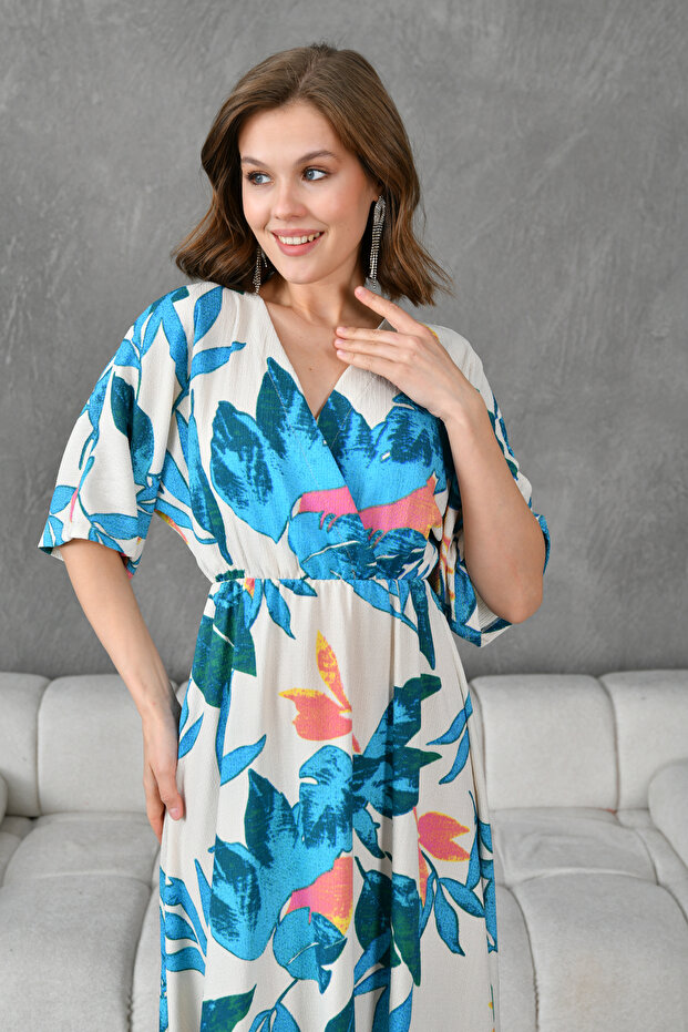Women's Printed Double Breasted Collar Elastic Waist Bat Sleeve Midi Length Summer Dress 096
