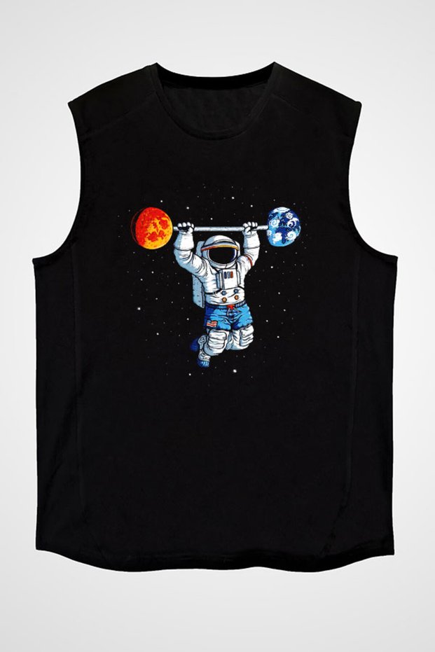 Weightlifter Astronaut Black Unisex Sleeveless T-Shirt Cut Sleeve T-Shirt