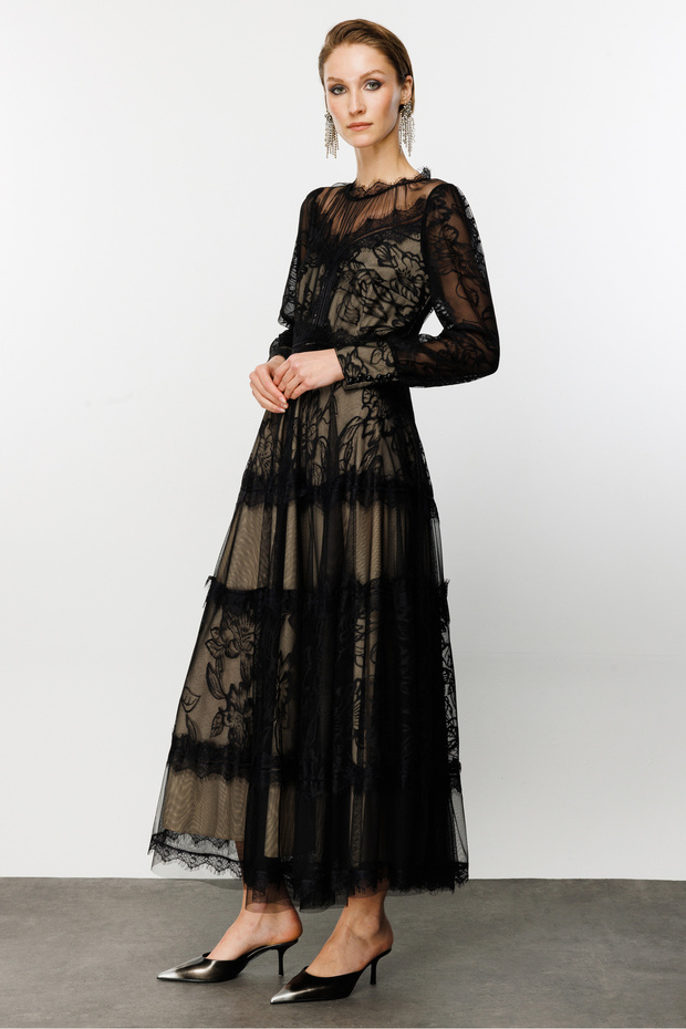 Siyah Dantelli Maxi Boy Elbise - 3