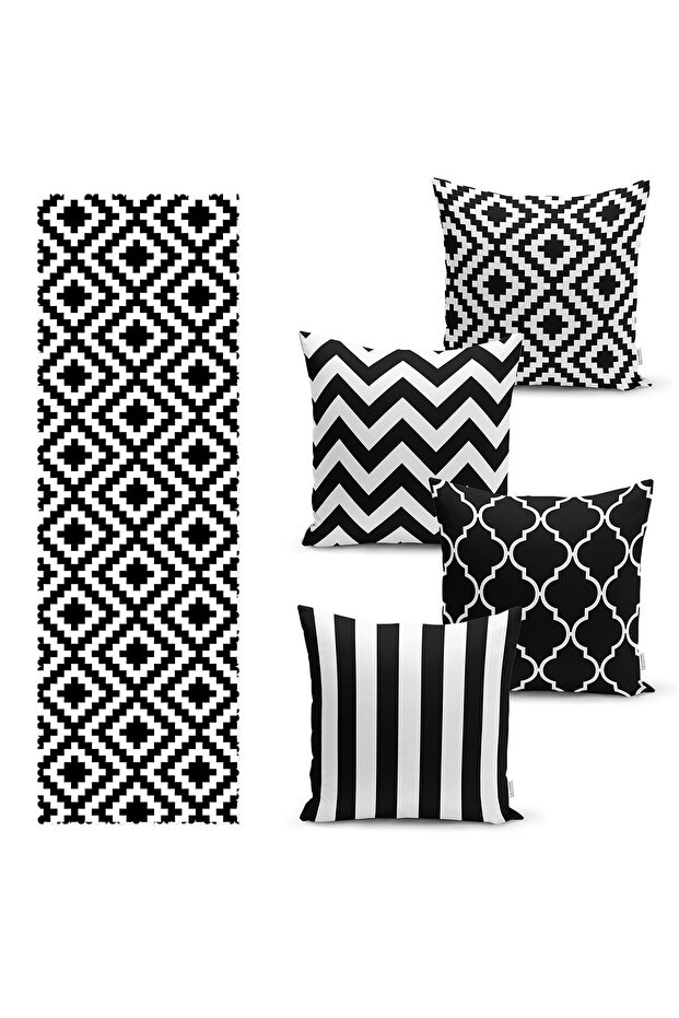 Black and White Geometric Drawings Designed Set of 4 Throw Pillow Covers and 1 Runner
