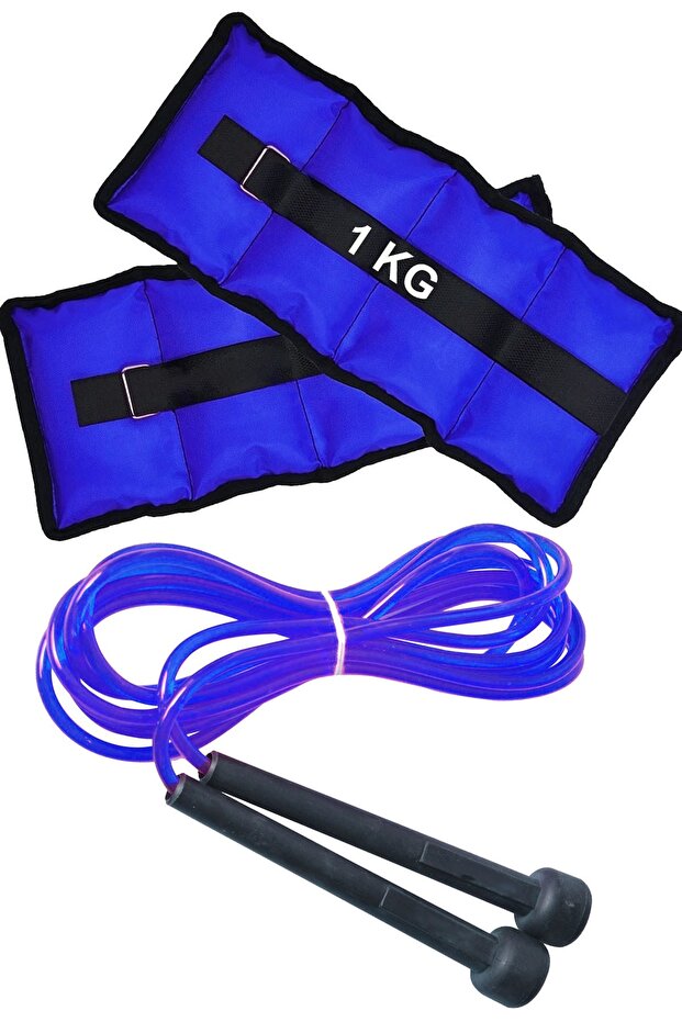 Blue Hand Ankle Weight Velcro and Jump Rope Set 1kg