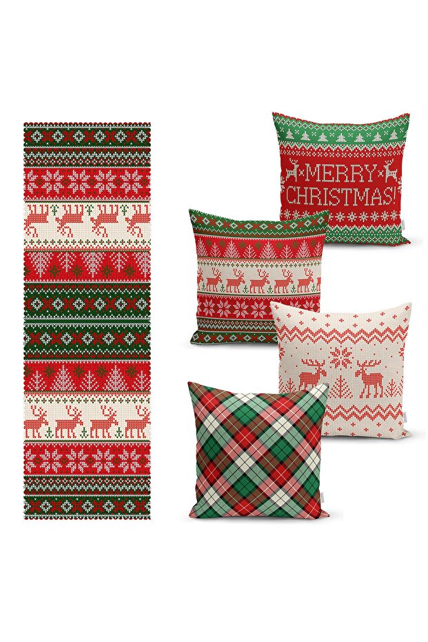 Plaid Deer Christmas Motif Set of 4 Throw Pillow Covers and 1 Runner